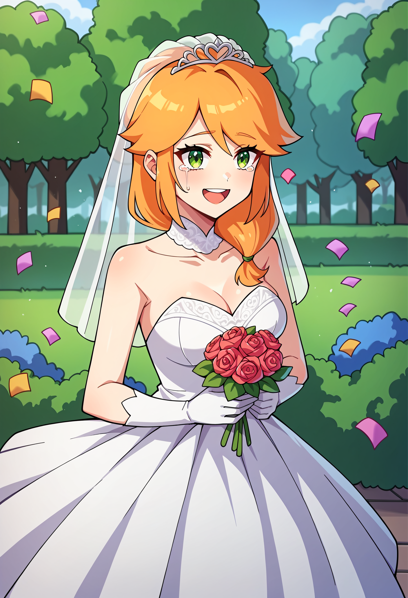 score_9, score_8_up, score_7_up, score_6_up, score_5_up, score_4_up, source_anime, 1girl, solo,  <lora:Alex_Moja:1>mmalex, orange hair, green eyes, wedding dress, white dress, bridal veil, white gloves, garden, standing, cowboy shot, smile, open mouth, tears, confetti,