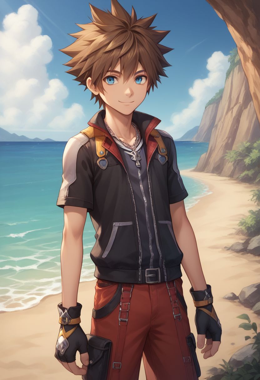 score_9, score_8_up, source_anime, highly detailed, 1boy, solo, male_focus slender, skinny, human child,
sora, spiked hair, male focus, 1boy, brown hair, blue eyes, gloves, jewelry, solo, smile, fingerless gloves, zipper, standing, necklace,
outdoor, island, beach,