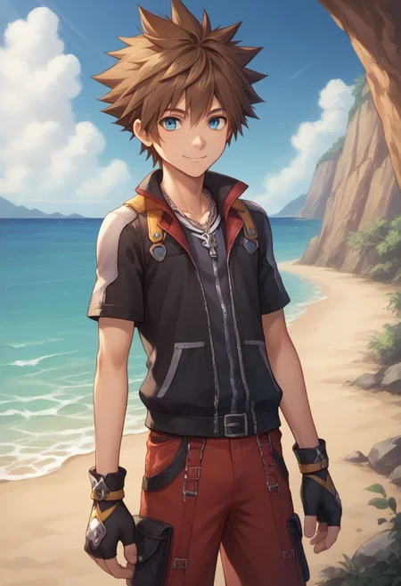 score_9, score_8_up, source_anime, highly detailed, 1boy, solo, male_focus slender, skinny, human child,
sora, spiked hair, male focus, 1boy, brown hair, blue eyes, gloves, jewelry, solo, smile, fingerless gloves, zipper, standing, necklace,
outdoor, island, beach,