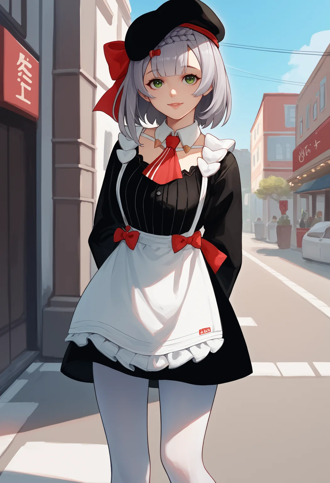 score_9, score_8_up, score_7_up, source_anime BREAK 1girl, solo, <lora:noelle-gi-richy-v1_pdxl:1> nlkf, green eyes, grey hair, short hair, braid, blunt bangs, black beret, red bow, hair bow, detached collar, red ascot, breasts, black dress, long sleeves, uniform, white apron, white pantyhose, standing, outdoors, street, head tilt, looking at viewer, arms behind back, lips, smile