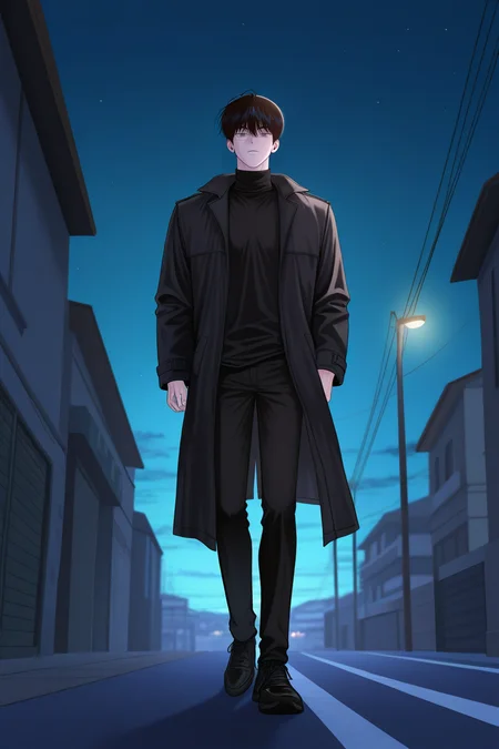 masterpiece, best quality, amazing quality, very aesthetic, high resolution, ultra-detailed, absurdres, newest, scenery, volumetric lighting, depth of field,anime screencap, , , 1boy, solo, male focus,<lora:yoonwon:0.85>,goo yoon won,black hair,grey eyes,bangs,hair between eyes,scar,looking at viewer, shirt, long sleeves, closed mouth, standing, full body, open clothes, shoes, pants,black footwear, coat, black shirt,black pants,black coat,scar on face,earring,turtleneck, piercing,right ear bare,walk,open coat,outdoors,night,sky,from below