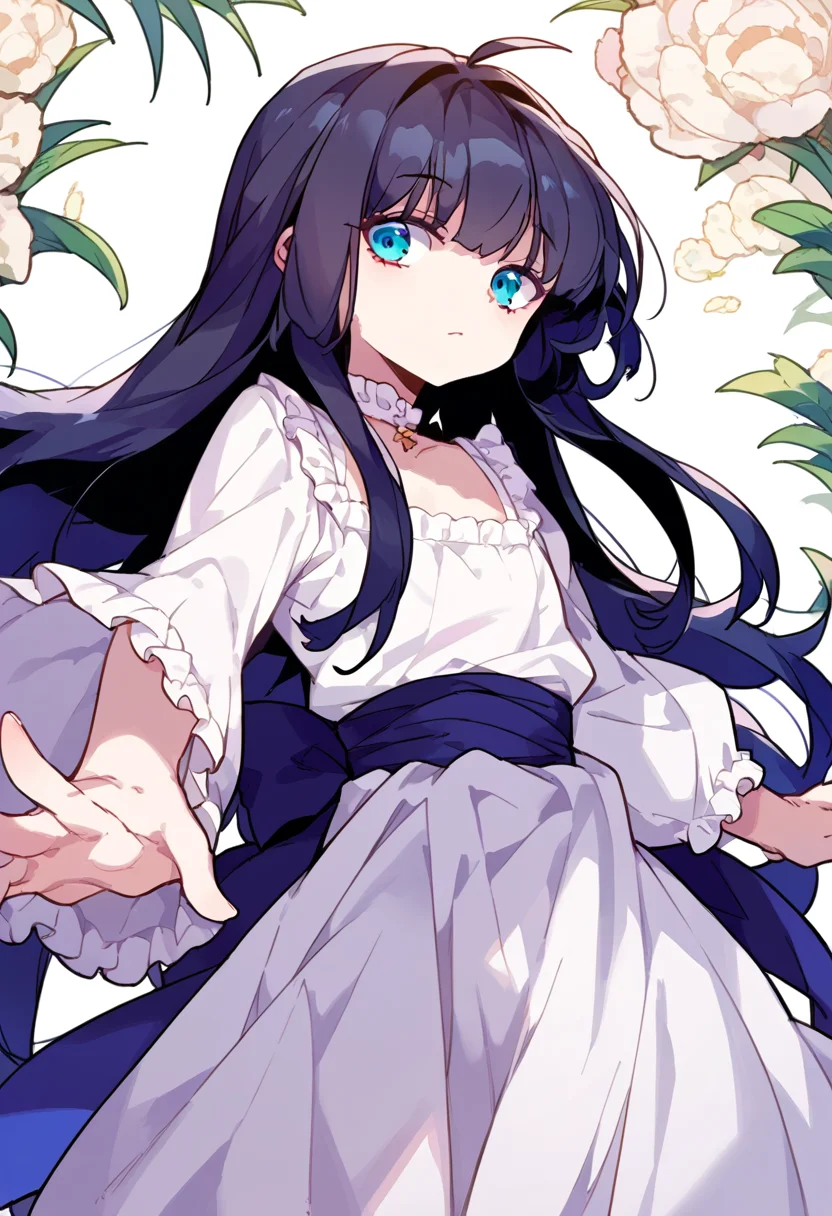 score_9,score_8_up,score_7_up,source_anime,zPDXL3,
*//*,<lora:BlancheFreidkin_v1.1:1>,blanche_freidkin1girl,flat chest,blue eyes,black hair,long hair,hair intakes,ahoge,white dress,
*//*,looking at viewer,cowboy shot,dutch angle,dynamic pose,