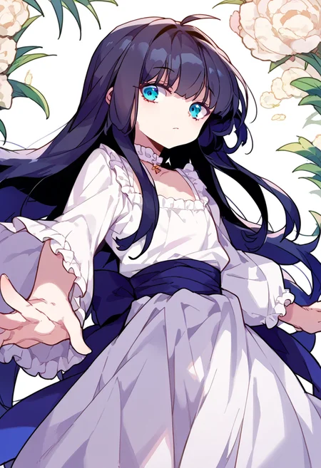 score_9,score_8_up,score_7_up,source_anime,zPDXL3,
*//*,<lora:BlancheFreidkin_v1.1:1>,blanche_freidkin1girl,flat chest,blue eyes,black hair,long hair,hair intakes,ahoge,white dress,
*//*,looking at viewer,cowboy shot,dutch angle,dynamic pose,