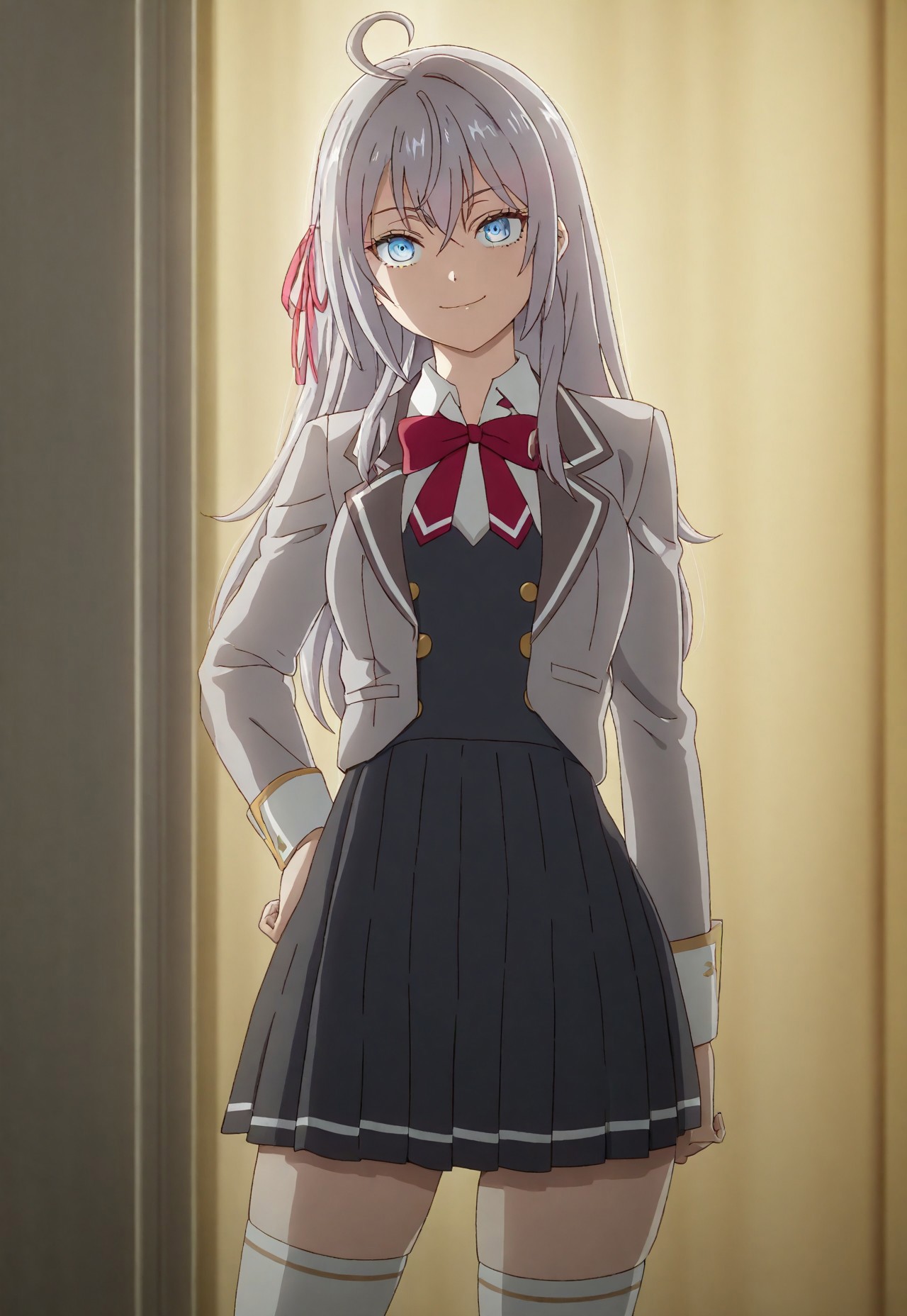 detailed, sinfully stylish, dramatic lighting, long shadows, soft light, contrapposto, anime, 1girl, solo, blue eyes, grey hair, ahoge, school uniform, dark grey pleated dress, grey jacket, white thighhighs, hair ribbon, staring at viewer, smiling, wide hips, standing