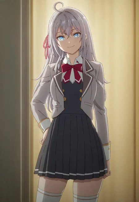 detailed, sinfully stylish, dramatic lighting, long shadows, soft light, contrapposto, anime, 1girl, solo, blue eyes, grey hair, ahoge, school uniform, dark grey pleated dress, grey jacket, white thighhighs, hair ribbon, staring at viewer, smiling, wide hips, standing
