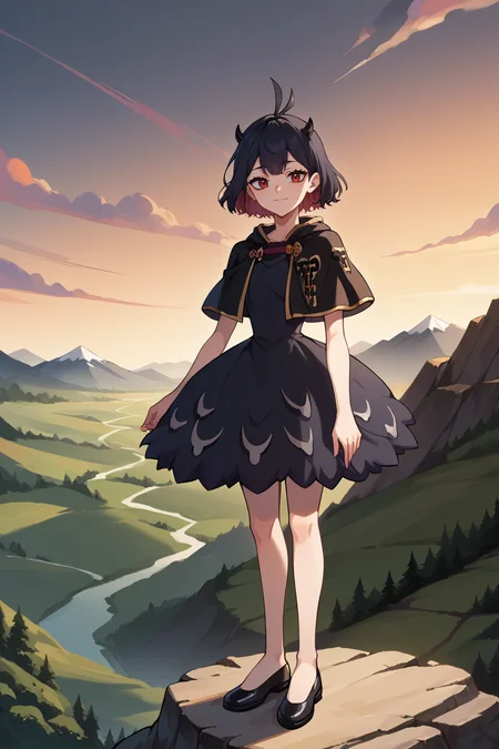 score_9, score_8_up, score_7_up, score_6_up, source_anime, BREAK 1girl, <lora:secre-pdxl-nvwls-v1-000006:1> secre, horns, black hair, black capelet, black dress, smile, looking at you, closed mouth, sunset, cliff, mountains, landscape, black shoes