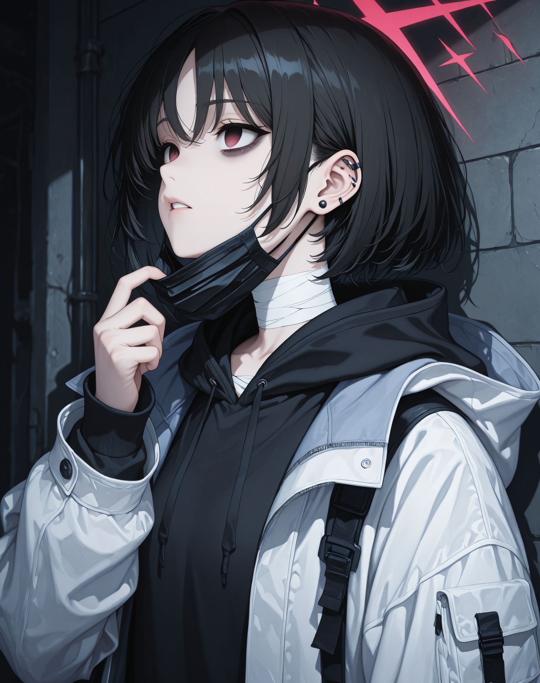 masterpiece, best quality, very aesthetic, detailed face, <lora:Imashino_Misaki_Blue_Archive_ilxl_goofy:1> misakiBA, halo, 1girl, bandaged neck, hood down,  black mask, black hoodie, upper body, empty eyes, mask pull, ear piercing, open clothes, white coat, stud earrings, white jacket, bandages, parted lips, surgical mask, jewelry, mask around neck, hooded coat, open coat, looking up, drawstring, long sleeves, looking ahead, bags under eyes, open jacket, hooded jacket