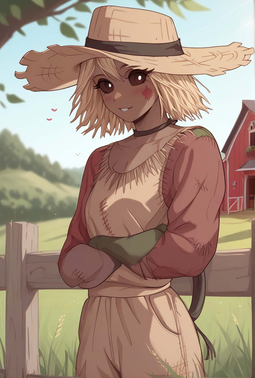 high intricate details,   
 <lora:Scarecow_Chan-000001:1> scarecrowgirl, straw hat, straw hair, clothing,  barn, zPDXL3, <lora:Pony_QualityV4.0:1.12> zPDXLxxx, zPDXLrl