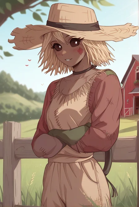 high intricate details,
<lora:Scarecow_Chan-000001:1> scarecrowgirl, straw hat, straw hair, clothing, barn, zPDXL3, <lora:Pony_QualityV4.0:1.12> zPDXLxxx, zPDXLrl