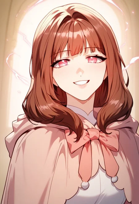zPDXL2, score_9_up, score_8_up, score_7_up, (manhwa art style), high detail face, best quality, absurd res, solo, 1girl, JungHayan, pink eyes, brown hair, medium hair, classic clothes, cowboy shot, aura, looking at viewer, seductive smile