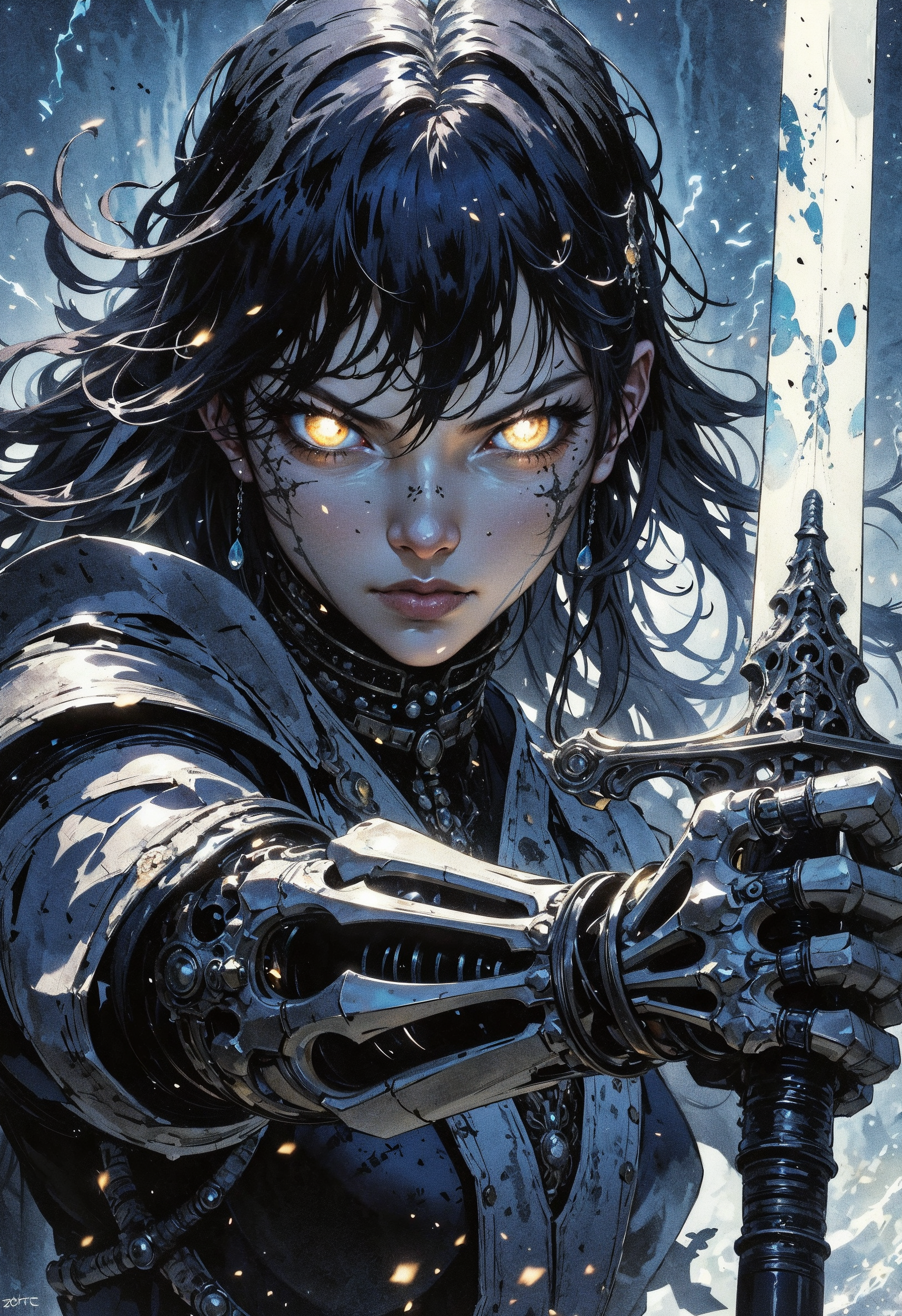 (in Krenz Cushart style:1.2), high-quality, masterpiece, A ghostly swordswoman, her face partially illuminated by the blade of her cracked sword, The camera focuses tightly on her eyes burning with a fierce ghostly light as she prepares to strike, Her breath fogs in the cold air, the faint glow of her skeletal hand grips the sword hilt with fractured armor trailing mist, The blurred battlefield behind her hints at fallen enemies and rising spirits, high contrast, dramatic close-up, motion blur, eerie glow, (elaborate fine details:1.1), (elaborately detailed attire with extraordinary elements:1.1), (hyperdetailed:1.1), (intricate details:1.0), (Refined details:1.1), (best quality:1.1), (high resolution:1.2)