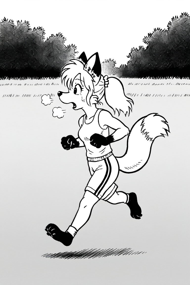 jogging outfit, jogging, outside, mouth opened, breathing hard,
1girl, (solo), dwarf, fox, black eyes, spiked tuft, hair tuft, ponytail, big hair, pointy nose, black nose, black paws, black and white, white background,
<lora:Millie_from_Ozy_and_Millie_90_style:0.9>