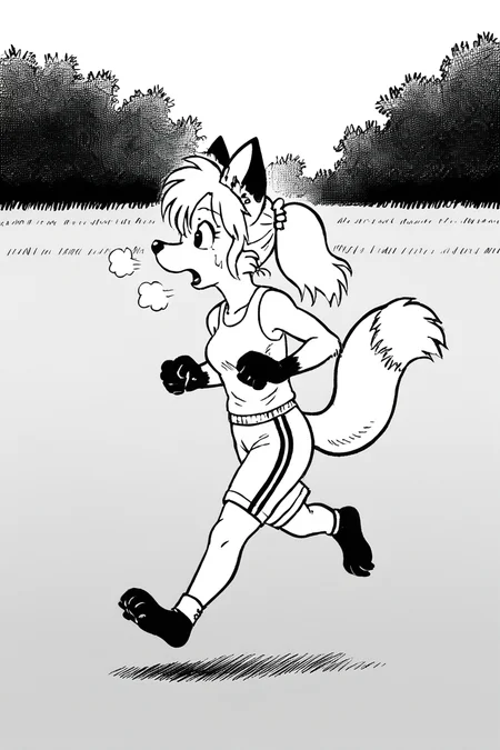 jogging outfit, jogging, outside, mouth opened, breathing hard,
1girl, (solo), dwarf, fox, black eyes, spiked tuft, hair tuft, ponytail, big hair, pointy nose, black nose, black paws, black and white, white background,
<lora:Millie_from_Ozy_and_Millie_90_style:0.9>