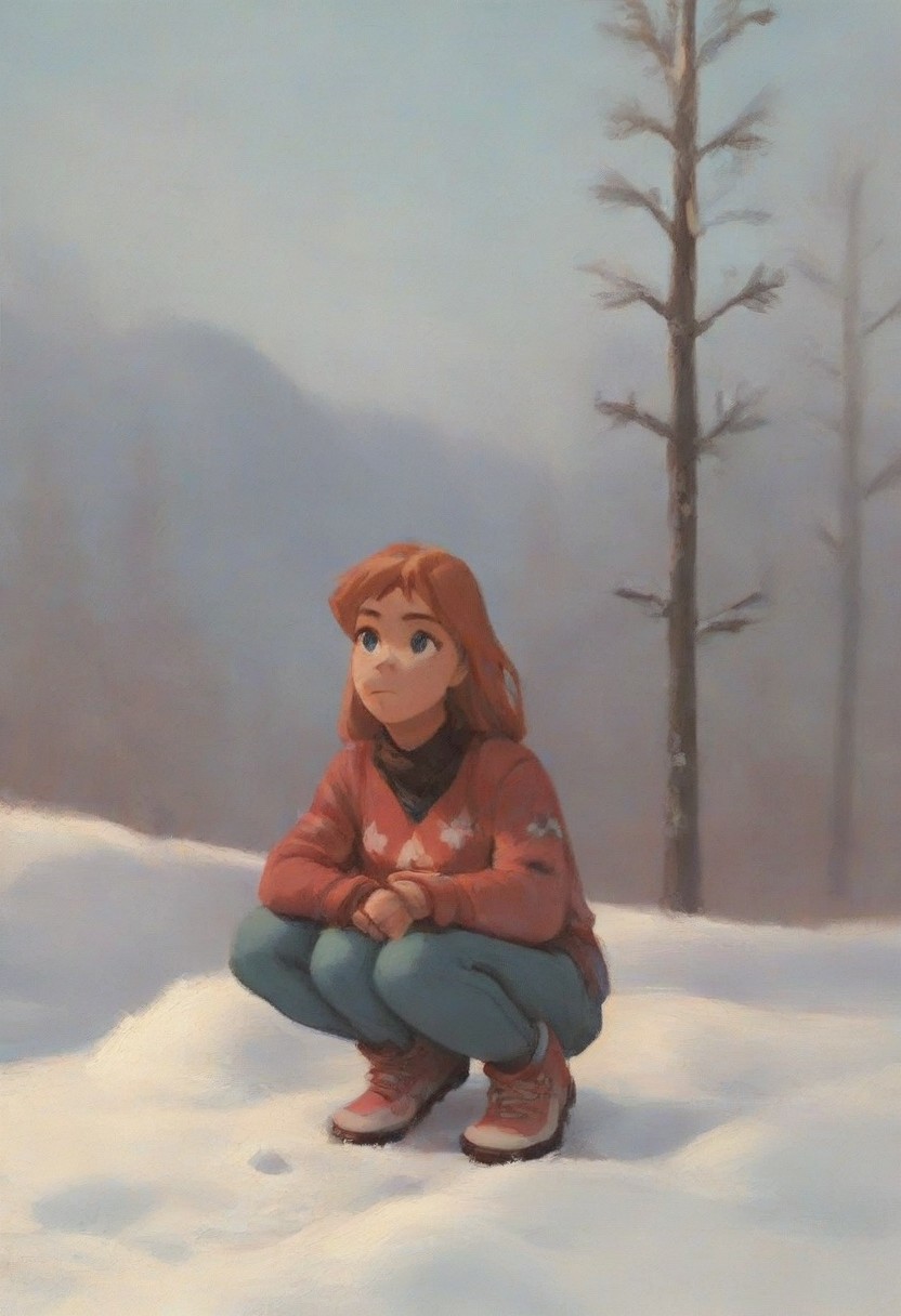 score_9, score_8_up, score_7_up, score_6_up, score_5_up, score_4_up, rating_safe, masterpiece monet painting, julie_power, squatting in the snow