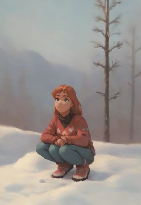 score_9, score_8_up, score_7_up, score_6_up, score_5_up, score_4_up, rating_safe, masterpiece monet painting, julie_power, squatting in the snow
