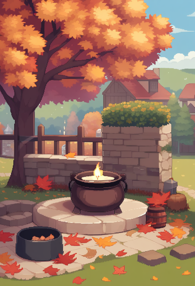 score_9,score_8_up,score_7_up,<lora:pixel_art_a3:1>,animal, autumn_leaves, brick_wall, building, candle, cauldron, cork, day, fence, grass, green_background, jar, lowres, no_humans, outdoors, pixel_art, rabbit, scenery, symbol-only_commentary, table, tree, window