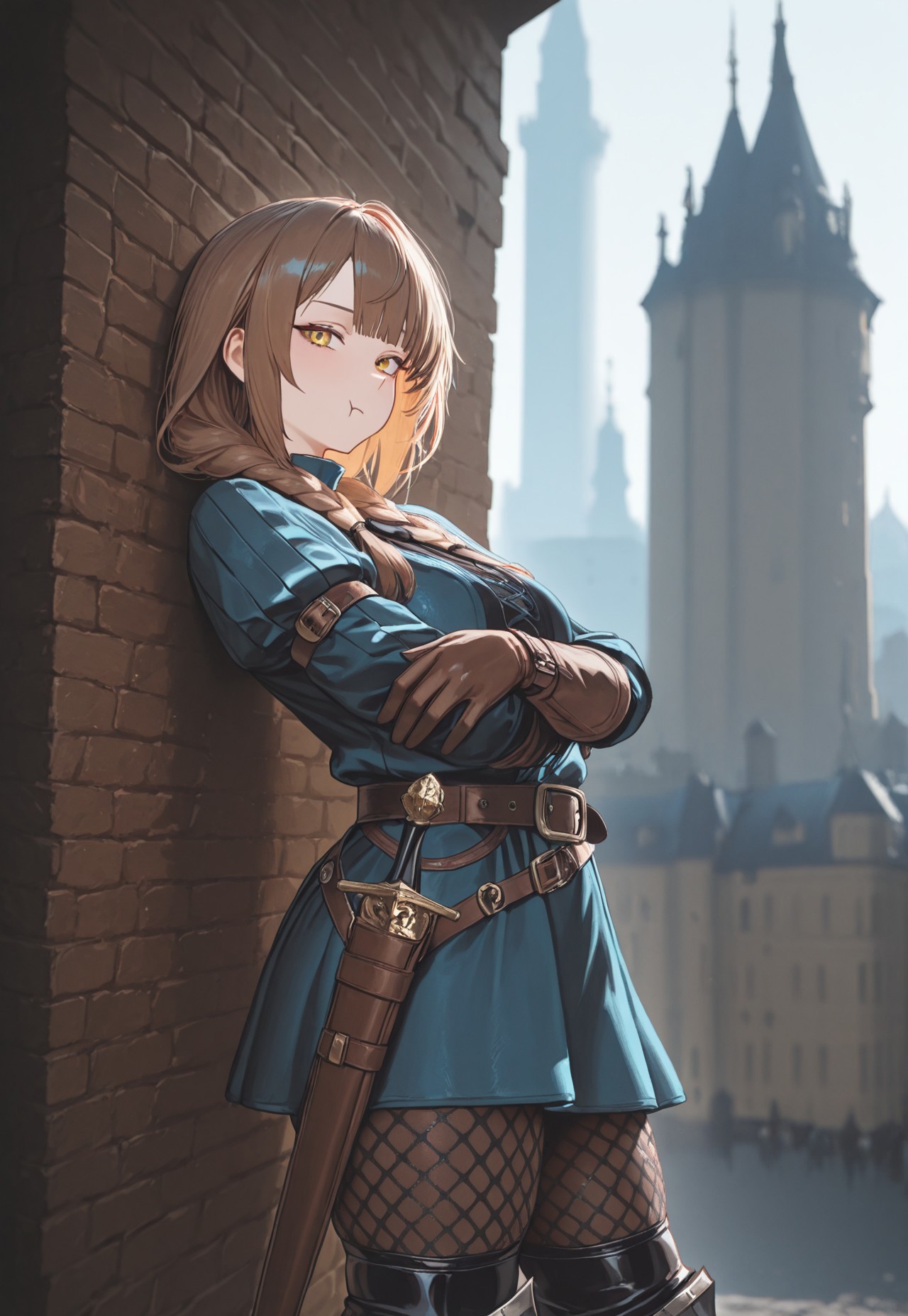 vermis, gothic, female knight, 1girl, solo, from side, brown hair, braids, yellow eyes, blue brigandine, belt, leather gloves, padded leggings, boots, scabbard, looking at viewer, :t, cowboy shot 
BREAK 
outdoors, tower, spire, city, dynamic relaxed pose, leaning against wall, dynamic background, arms crossed
BREAK
masterpiece, best quality, very aesthetic, absurdres, amazing quality, newest, very awa, highly detailed, fine detail, intricate detail, dynamic lighting, volumetric lighting, soft light, perfect lighting, Expressiveh, 