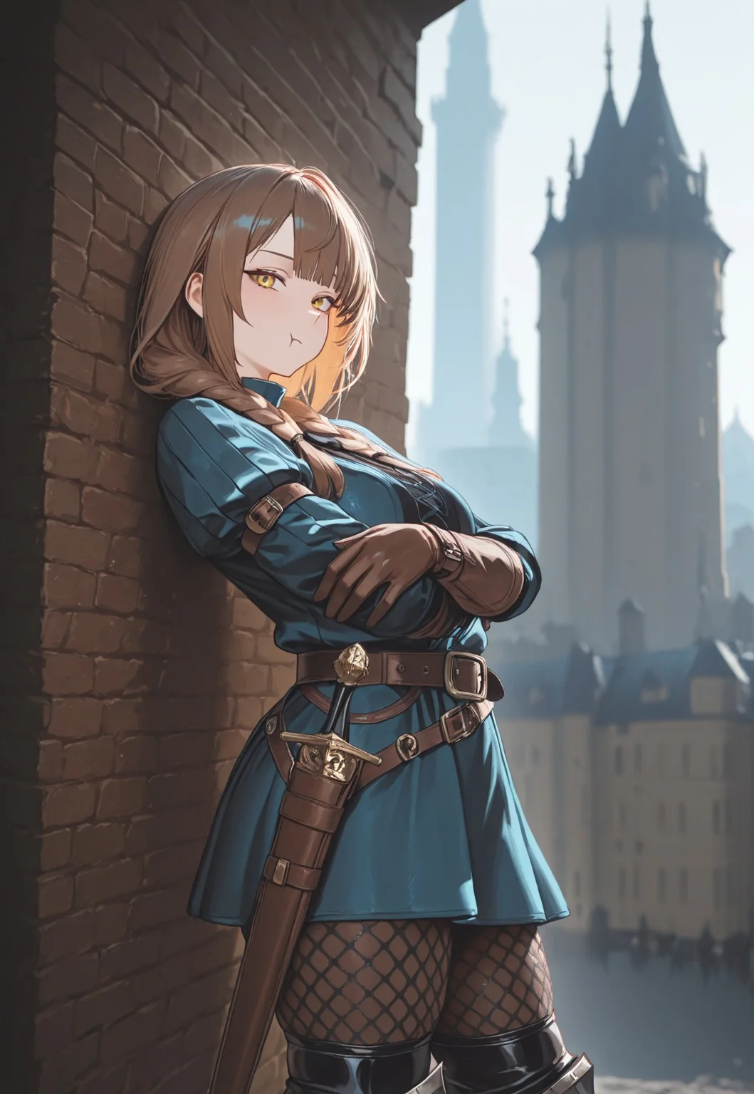 vermis, gothic, female knight, 1girl, solo, from side, brown hair, braids, yellow eyes, blue brigandine, belt, leather gloves, padded leggings, boots, scabbard, looking at viewer, :t, cowboy shot
BREAK
outdoors, tower, spire, city, dynamic relaxed pose, leaning against wall, dynamic background, arms crossed
BREAK
masterpiece, best quality, very aesthetic, absurdres, amazing quality, newest, very awa, highly detailed, fine detail, intricate detail, dynamic lighting, volumetric lighting, soft light, perfect lighting, Expressiveh,