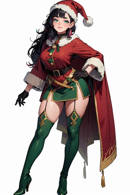(masterpiece, best quality, highres, high resolution:1.2), extremely detailed, intricate details, 1girl, solo, looking at viewer, clamEmma, <lora:clamEmma:0.6>, (simple background, white background:1.2), full body, santa's elf, green outfit, stocking cap, high heel boots, smile, side-swept bangs, black hair, pink IncursioDipDyedHair, messy mid ponytail, green eyes, thick eyebrows, freckles, <lora:DipDyedHair:0.8>, <lora:weight_slider_v2:0.25>, (cinematic lighting, bloom, volumetric)