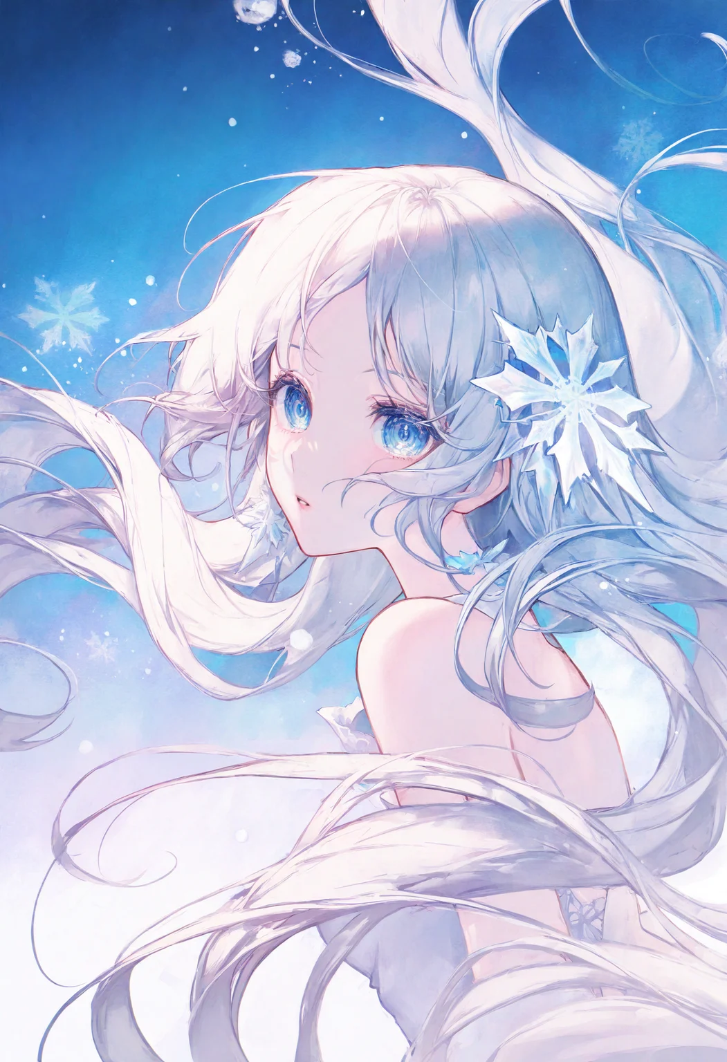 <lora:match2_noob1.1-000190:1>,
1girl, white hair, long hair, solo, upper body, blue eyes, snowflakes, hair ornament, looking at viewer, parted lips, from side, floating hair, blue background, white dress, bare shoulders,
masterpiece,best quality,newest,absurdres,highres,very awa,