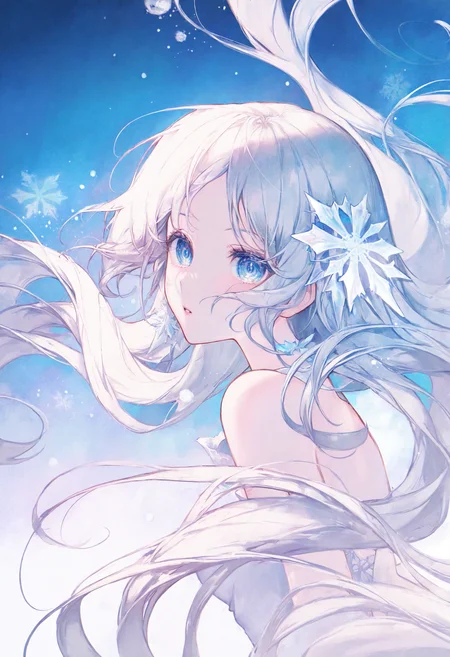 <lora:match2_noob1.1-000190:1>,
1girl, white hair, long hair, solo, upper body, blue eyes, snowflakes, hair ornament, looking at viewer, parted lips, from side, floating hair, blue background, white dress, bare shoulders,
masterpiece,best quality,newest,absurdres,highres,very awa,