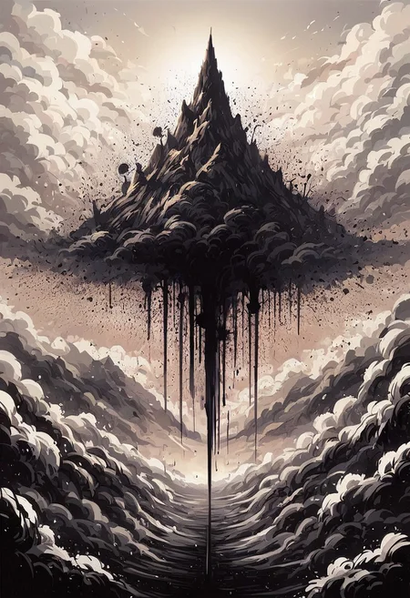 score_9, score_8_up, score_7_up, score_6_up, source_anime, ink splats, 1girl, long hair, wind, mountains, clouds, valley, black hole