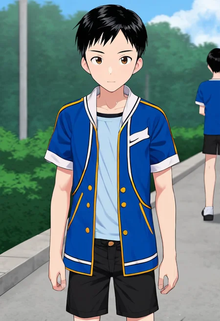 harmard, black hair, short hair, brown eyes, 1boy, solo, solo focus, wear open clothes, short sleeve, blue clothes, half clothes, wear black shorts, outdoor setting