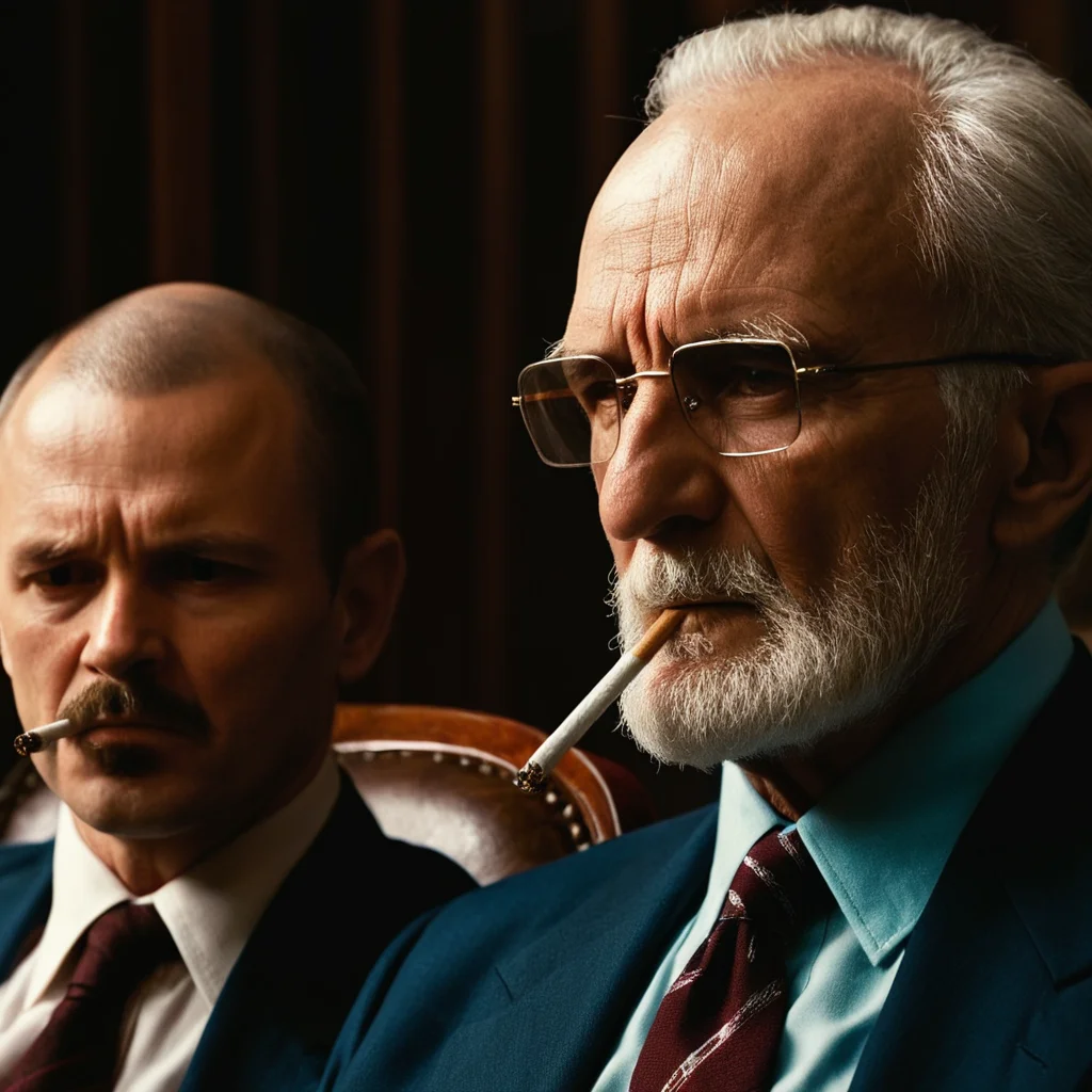cinematic film still of <lora:Split Diopter style:1>
Split image focus of closeup of a creepy looking old man on the left sitting on a chair next to another man with a cigarette in his mouth on the right,Split Diopter style,shirt,closed mouth,male focus,multiple boys,necktie,collared shirt,2boys,facial hair,parody,formal,suit,realistic,bald,manly,old,old man,nearsighted,farsighted,split,split focus,focus,sharp focus,deep focus,Split focus,split screen , artistic, Kodak, dramatic light, dramatic shadow light, contrast, saturated color, cinematic, filmic, motion picture, realistic, realism, perfection, perfect, deep focus, clean image, wide screen, detailed image, cinematic, deep space composition, shallow depth of field, vignette, highly detailed, high budget, bokeh, cinemascope, moody, epic, gorgeous, film grain, grainy