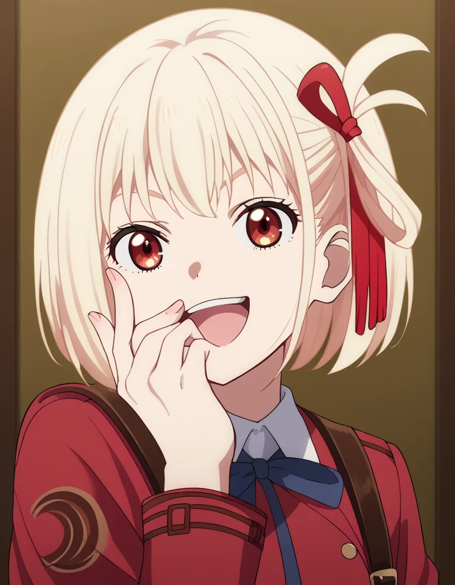 score_9, score_8_up, score_7_up, source_anime, chisatonishikigi, <lora:chisato-nishikigi-s1-ponyxl-lora-nochekaiser:1>, chisato nishikigi, short hair, bangs, blonde hair, red eyes, hair ribbon, one side up, bob cut,, <lora:ojou-sama-pose-ponyxl-lora-nochekaiser:1>, ojou-sama pose, laughing, smug, hand to own mouth, open mouth,, indoors, smile,, cowboy shot, dutch angle, looking at viewer,