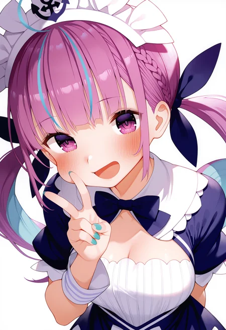 (best quality , masterpiece, good quality), very aesthetic, absurdres, general, sfw, 1girl, solo, minato aqua, minato aqua \(1st costume\), maid, wrist cuffs, upper body, straight-on, looking at viewer, v, hand up, nail polish, smile, open mouth, blush, simple background, white background, gaoustyle, <lora:gaoustyle_ilxl:1>,