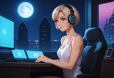 score_9, score_8_up, score_7_up, score_6_up, <lora:bouncy_pony:0.5>, contrast of cool dark background with warm bright foreground, full color, night, moon light, volumetric moonlight, depth of field
cyberpunk Aesthetic, modern bedroom Aesthetic, Blurry Background, neo-Tokyo city view, stary night, full moon, light rays, beautiful natural lighting, glow, light,
<lora:Nene_Romanova_-_Bubblegum_Crisis_Tokyo_2040:1>, Nene, loose tank top, white underware,
{petite body, athletic body, medium breasts, perfect round firm tits, medium round perfect tits, (medium Breasts:0.8), long legs, perfect anatomy, perfect face, perfect nose, detailed eyes, beautiful eyes, perfect eyes, perfect breasts, anatomically correct hands:1.3},
light smile, cute, side view, from side,
lofi girl style, sitting behind a desk, sitting at desk, in front of a computer, headphones, eyes looking at computer screen, lofi girl \(youtube\), zoom out,