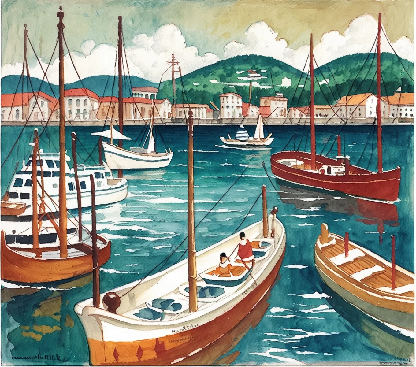 <lora:czene-bela_pony_v1:1>,neoclassicism \(style\),marina \(genre\),genre painting \(genre\),' harbor ' by bela czene in,the artwork is a watercolor painting depicting a boat docked in a harbor., score_9, score_6_up, score_7_up