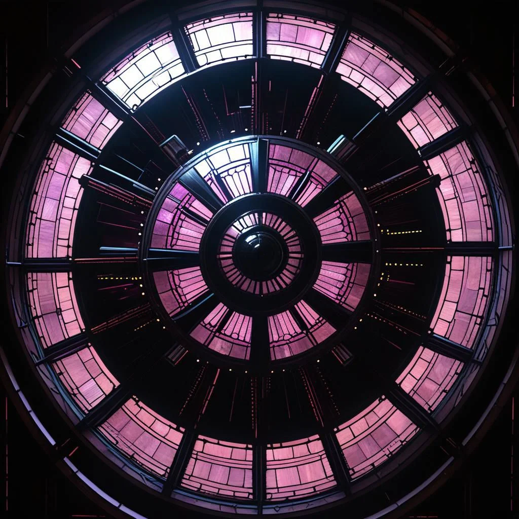deathstar, clockwork, steampunk, stained glass, fiber optic, troncore, radial, dark futuristic, dark space background