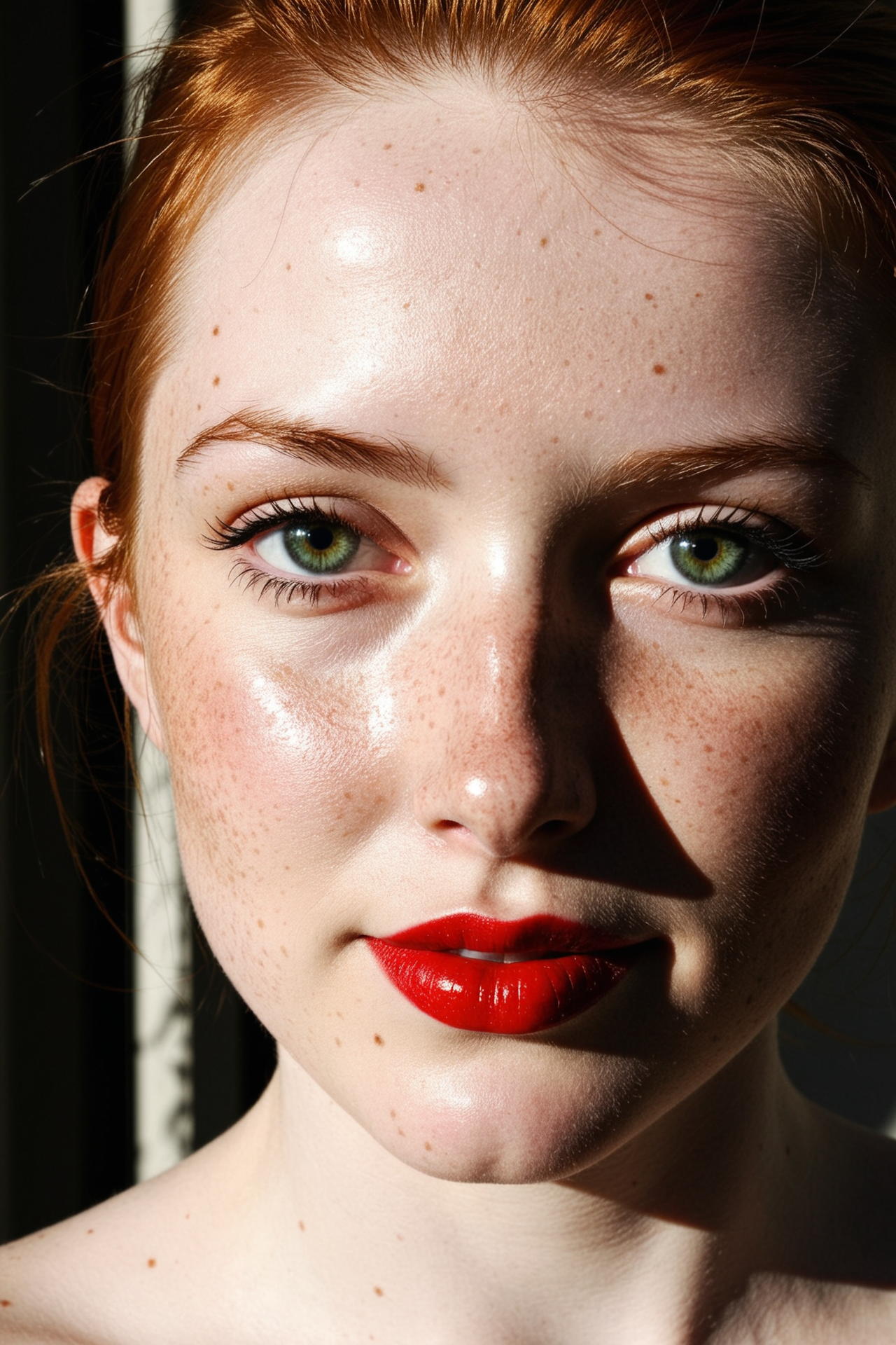 a woman with green eyes and a red lipstick, beautiful shadowing, freckled pale skin, woman with freckles, light cute freckles, gorgeous sunlight and shadows, sexy girl with green eyes, pale beautiful skin, beautiful pale makeup, shadowed face, soft shadows on the face, perfectly shaded face, smooth pale skin, beautiful sunlight and shadows, sexy smirk