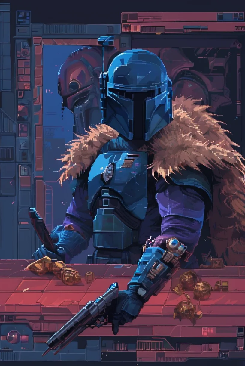 7-MandalorianArmour, solo, gloves, 1girl, holding, weapon, male focus, holding weapon, gun, fur trim, helmet, knife, science fiction, realistic, holding knife, shotgun shell
[pixel art, synthwave, detailed, 7-MandalorianArmour]
<lora:Mandalorian Armour PONY:1>  <lora:d3p1x3lXLP:1> <lora:win98XLP:0.8>