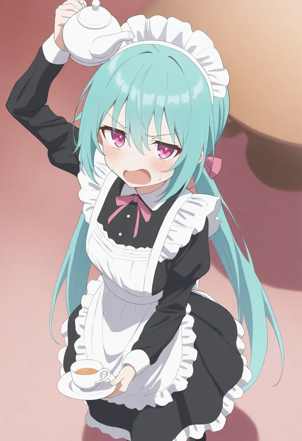 1girl,(sho \(sho lwlw\):0.7),(toosaka asagi:0.5),(sincos:0.3),
masterpiece,best quality, very aesthetic, absurdres,highres,4k,(ultra-detailed:1.4) (illustration:0.5), (ray tracing,:0.8),(anime colored:0.7),(ai-generated:0.5), (anime screencap:1.2),official art,
maid,maid headdress, maid apron,
pouring,decantering, holding teapot, holding saucer, tea, standing, arm up,<lora:pouring_XL_v2:0.8>
from above, cowboy shot, looking at viewer, aqua hair, pink eyes,angry, settlement, open mouth, low twintails hair,,