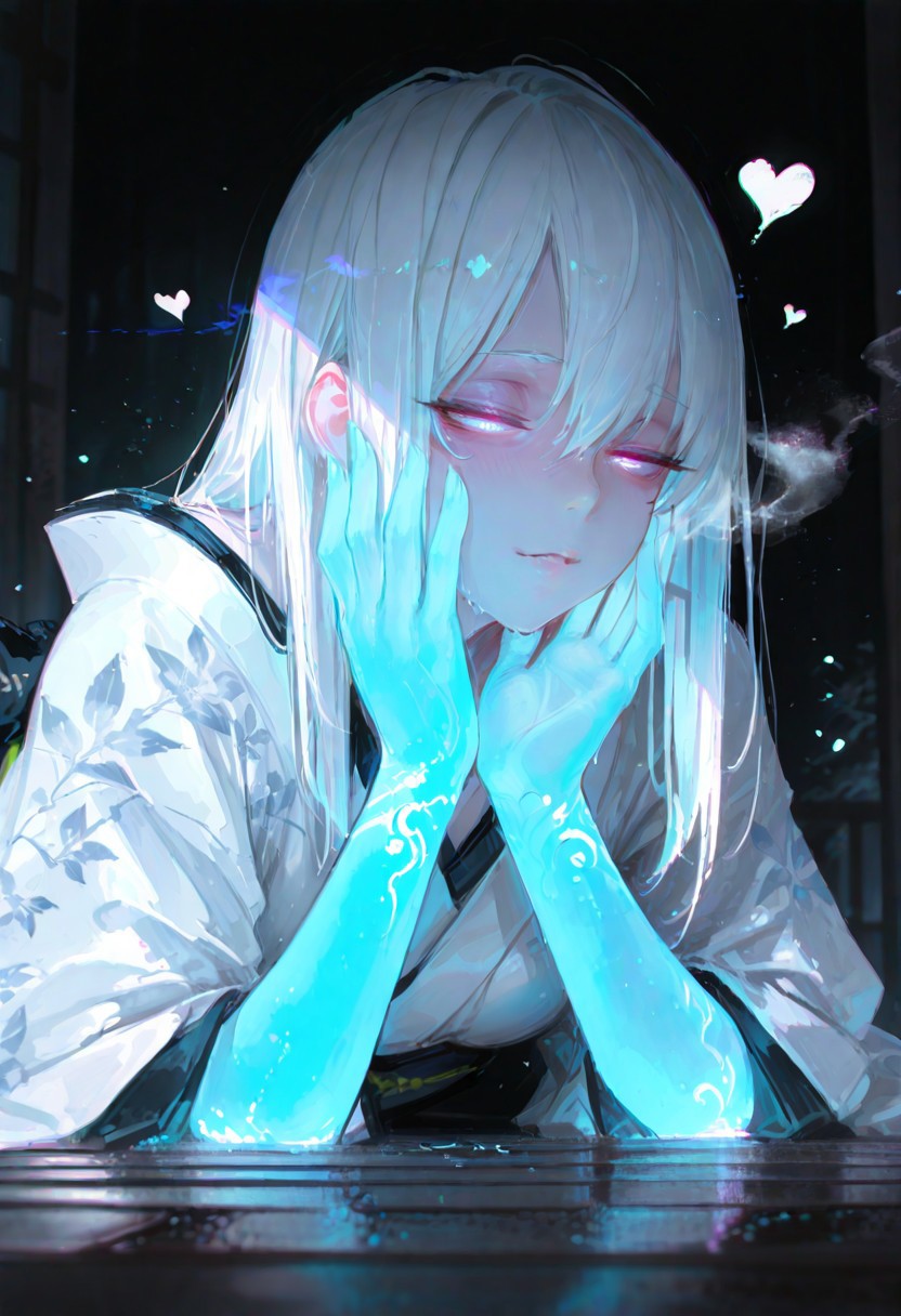 masterpiece, best quality, amazing quality, very aesthetic, absurdres, newest, volumetric lighting, holographic colors, cute, gradient colors, dark background, masterpiece, best quality, amazing quality, very aesthetic, absurdres, newest, volumetric lighting,1girl, (masterpiece, detailed:1.2), wlop
BREAK
nsfw, 
 ambient occlusion, raytracing, soft lighting, blum effect, masterpiece, absolutely eye-catching, particles, glow, shining, intricate cinematic background, (beautiful face),  
BREAK
masterpiece, highly detailed,1girl, perfect body, dynamic pose, 
(sexy, slutty, hot) 
Yuki-Onna, colored skin, blue skin,Long hair, white hair, kimono,
 permed medium hair, looking at viewer, (best quality, amazing quality, very aesthetic, absurdres, good hands), breath, sweaty, eyes smiled, smail, heart in pupils, half-closed eyes, glowing eyes, erotic face, UHD, masterpiece, hyper detail, super detail, anime screencap, whispering