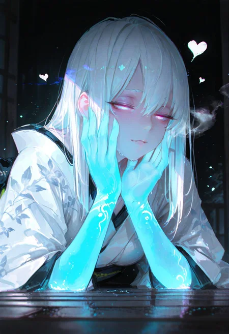 masterpiece, best quality, amazing quality, very aesthetic, absurdres, newest, volumetric lighting, holographic colors, cute, gradient colors, dark background, masterpiece, best quality, amazing quality, very aesthetic, absurdres, newest, volumetric lighting,1girl, (masterpiece, detailed:1.2), wlop
BREAK
nsfw,
ambient occlusion, raytracing, soft lighting, blum effect, masterpiece, absolutely eye-catching, particles, glow, shining, intricate cinematic background, (beautiful face),
BREAK
masterpiece, highly detailed,1girl, perfect body, dynamic pose,
(sexy, slutty, hot)
Yuki-Onna, colored skin, blue skin,Long hair, white hair, kimono,
permed medium hair, looking at viewer, (best quality, amazing quality, very aesthetic, absurdres, good hands), breath, sweaty, eyes smiled, smail, heart in pupils, half-closed eyes, glowing eyes, erotic face, UHD, masterpiece, hyper detail, super detail, anime screencap, whispering