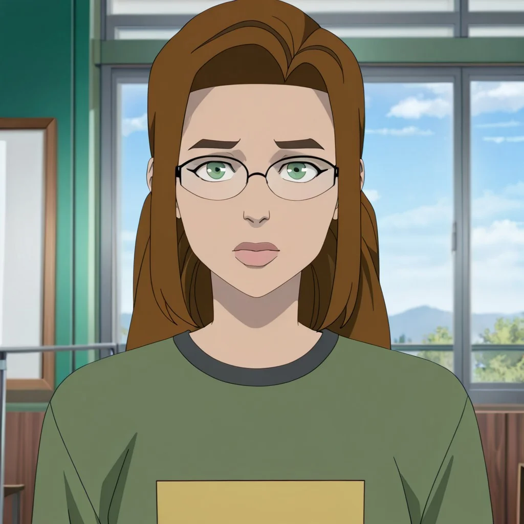 masterpiece, best quality, newest, absurdres, highres, Invincible-show-style-INVPACK.V1.0,
1girl, Shrinking-RAE-CASUAL-INVPACK.V1.0, brown hair, glasses, green eyes,