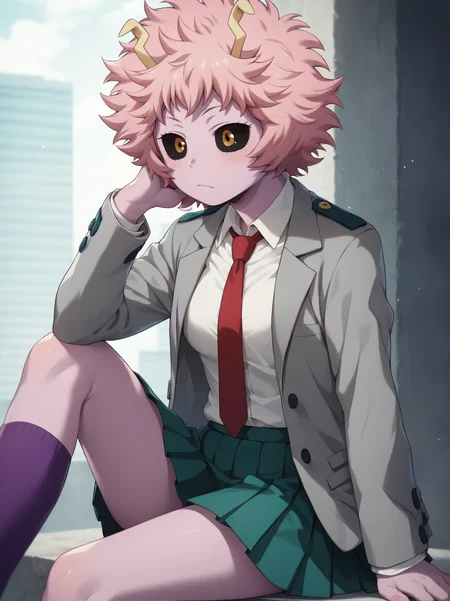 <lora:MinaAshidoPonyV2:1>, minaashido, 1girl, white shirt, necktie, grey jacket, pleated skirt, sitting,, score_9, score_8_up, score_7_up