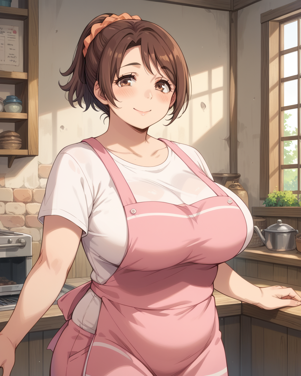 score_9, score_8_up, score_7_up, score_6_up, source_anime, ah1, looking at viewer, 1girl, ponytail, blush, shirt, scrunchie, short hair, white shirt, hair scrunchie, hair ornament, breasts, large breasts, indoors, mature female , <lora:AnnaBuddy:0.8> AnnaHanyu, plump,  gentle smile, huge breasts, brown hair, brown eyes, pink apron, (Ancient Wall), (twisted_torso),