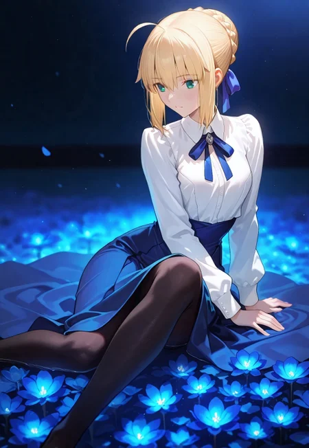 cinematic, (masterpiece), (best quality), (ultra-detailed), very aesthetic, illustration, perfect composition, ultra detailed face, detailed eyes, beautiful eyes, beautiful,748cmstyle, gbf_style, light on body BREAK very awa,masterpiece,amazing quality,very aesthetic, absurdres,newest,highres, elegance, ethereal, depth of field,cold atomsphere, warm light style, artoria pendragon (fate), saber (fate), blonde hair, green eyes, ahoge, hair ribbon, blue ribbon, french braid, braided bun, single hair bun, short hair, sidelocks, neck ribbon, blue ribbon, white shirt, collared shirt, long sleeves, blue skirt, high-waist skirt, long skirt, black pantyhose