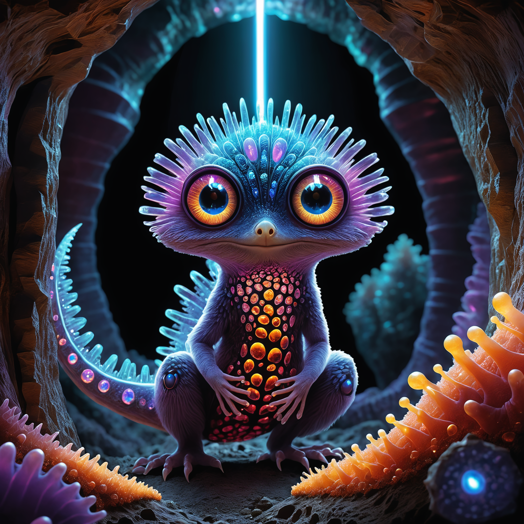 <lora:add-detail-xl:2.0>, famous artwork (by steve prescott:1.1), detailed expressive eyes, fantasy style, deep in the crystalline caverns of planet gullible secundus roams a silicon-based life form, the long-tailed eyejib, shown here as it is emerging from its tunnel lair in the vibrant, gemstone-studded walls of the underground shnorbsabbler, this creature is covered in crystalline quibberflitz arranged in colorful fractal patterns, reflecting the iridescent glow of the bioluminescent fungi around it, one should watch out for its dangerous punglyflorbed tail, masterpiece, best quality, ultra detailed