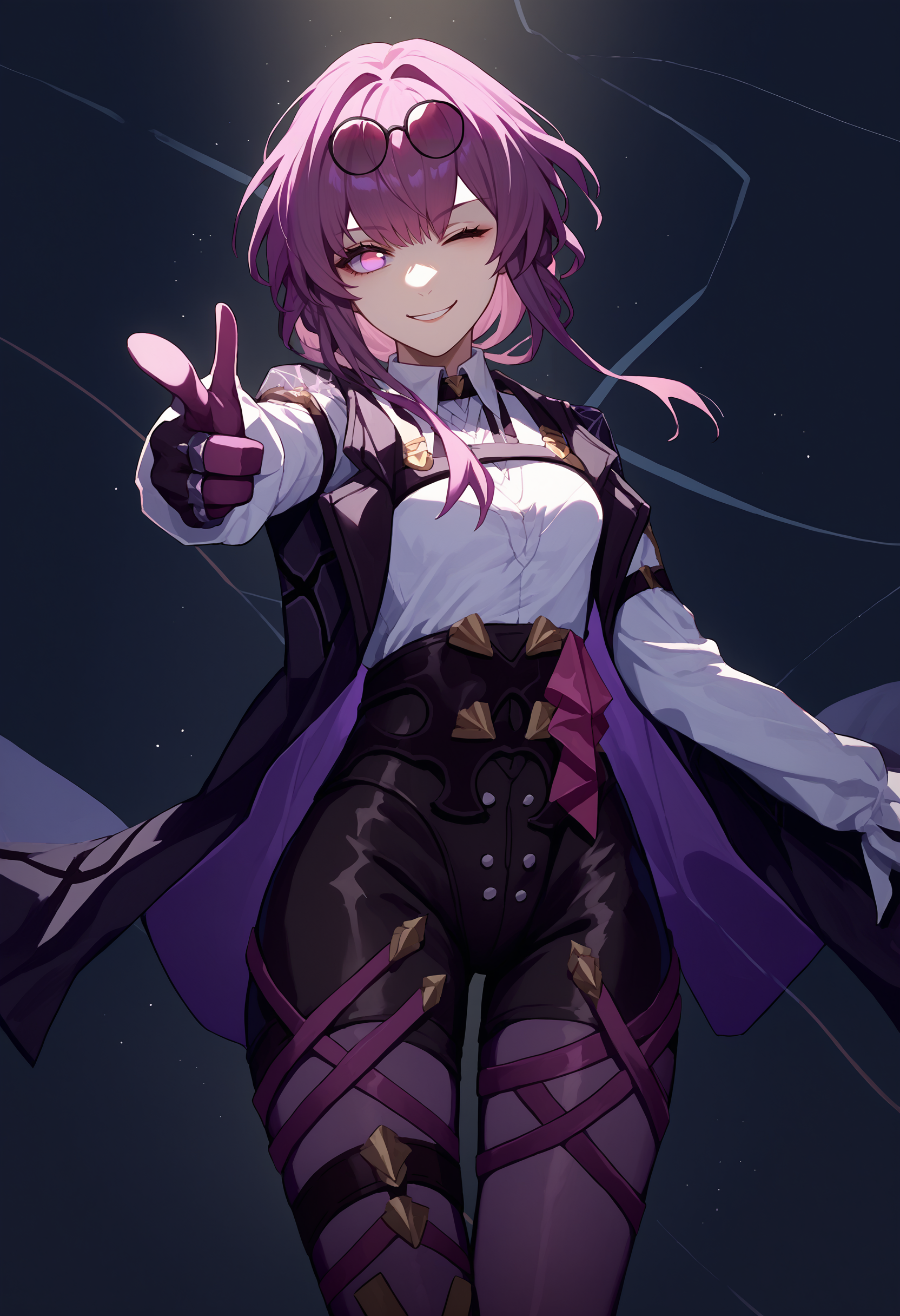 score_9, score_8_up, score_7_up, source_anime, 1girl, kafka, purple eyes, bangs, eyewear on head, <lora:Kafka_XLPD:1>, collared white shirt, long sleeves, jacket on shoulders, black jacket, black shorts, gloves, purple gloves, pantyhose under shorts, criss-cross straps, thigh strap, purple pantyhose, <lora:Fingergun_XLPD:1.1>, finger gun, pointing at viewer, one eye closed, star \(symbol\), smirk,