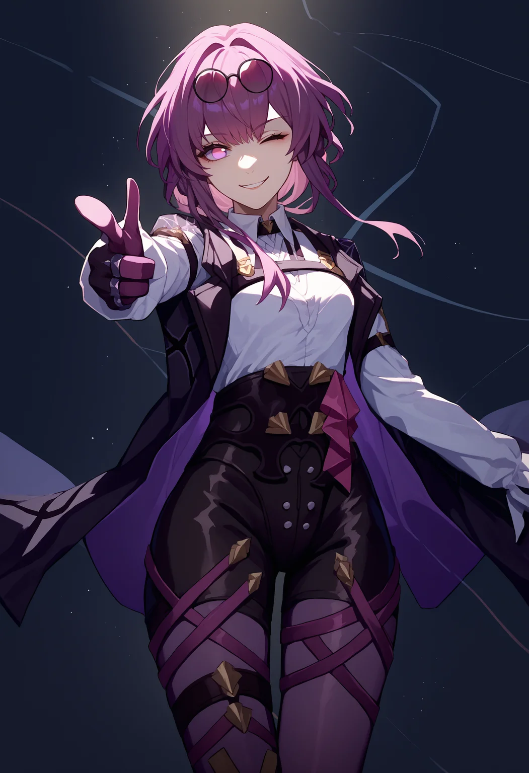 score_9, score_8_up, score_7_up, source_anime, 1girl, kafka, purple eyes, bangs, eyewear on head, <lora:Kafka_XLPD:1>, collared white shirt, long sleeves, jacket on shoulders, black jacket, black shorts, gloves, purple gloves, pantyhose under shorts, criss-cross straps, thigh strap, purple pantyhose, <lora:Fingergun_XLPD:1.1>, finger gun, pointing at viewer, one eye closed, star \(symbol\), smirk,