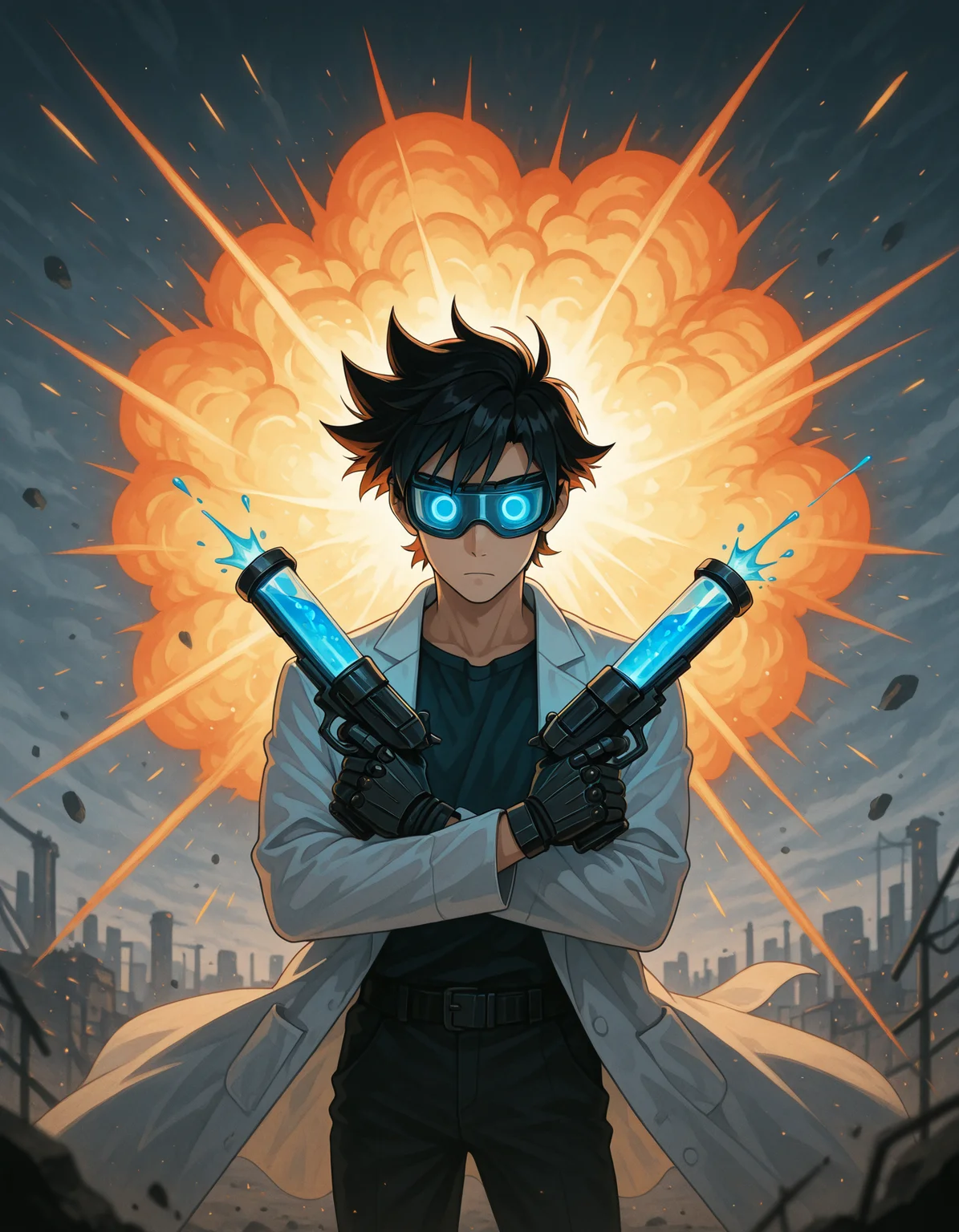 Flatline, Flat vector illustration,,masterpiece, best quality, good quality, very aesthetic, absurdres, newest, 8K, depth of field, focused subject, dynamic angle, A wild-haired anime scientist with glowing goggles and a lab coat flying behind them, crossing two mechanical guns infused with glowing chemicals. Colorful explosions in test tubes behind them. The pistols are built from scrap tech and insanity.  <lora:XPistolPoseIL:1> x pistol pose