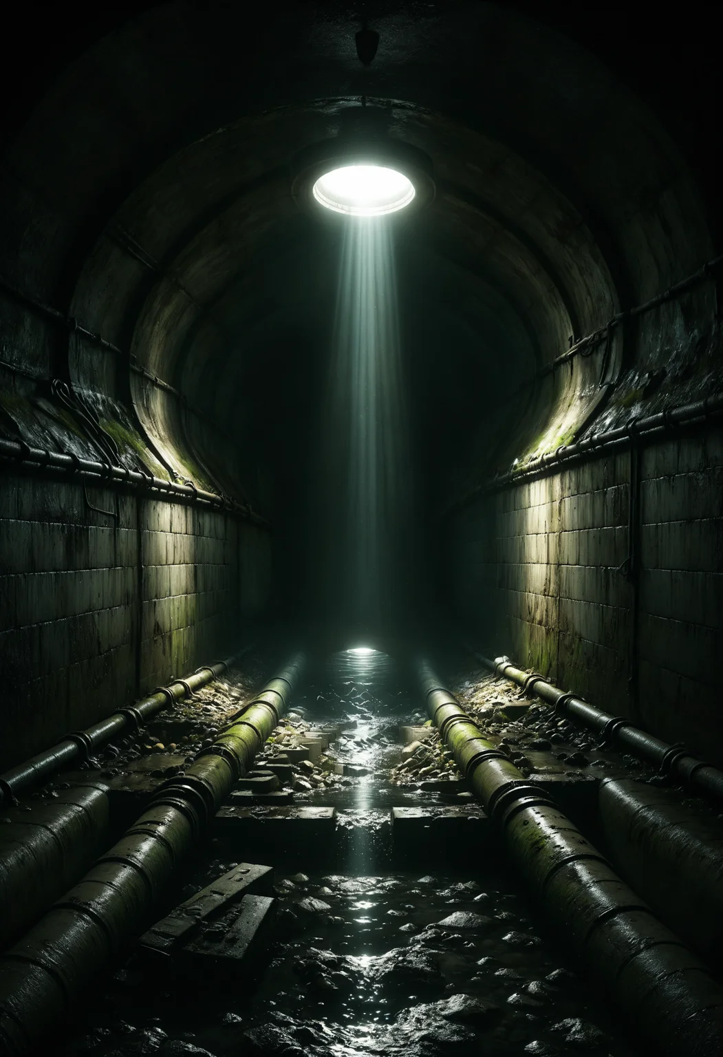relentless pursuit of happiness starts at the bottom with a spotlight glimmer of hope shining through the pitch black darkness of the underground sewer system, repeating to infinity, disturbing, gloomy, atmospheric, dark creepy shadows
<lora:dvr-swr:0.8> dvr-swr