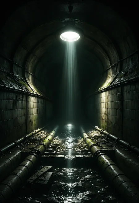 relentless pursuit of happiness starts at the bottom with a spotlight glimmer of hope shining through the pitch black darkness of the underground sewer system, repeating to infinity, disturbing, gloomy, atmospheric, dark creepy shadows
<lora:dvr-swr:0.8> dvr-swr