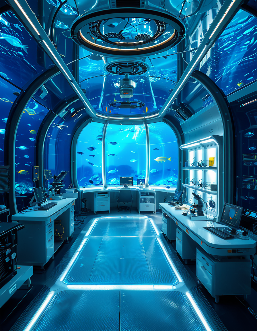 A futuristic underwater research laboratory,underwater research l4b0r4t0ry, located deep beneath the ocean's surface, surrounded by vibrant marine life and illuminated by soft, bioluminescent lighting. The laboratory features large, reinforced glass domes offering a panoramic view of the surrounding blue abyss, with schools of colorful fish and rays of sunlight filtering through the water above. Inside, advanced scientific equipment, glowing computer screens, and researchers in modern wetsuits or lab coats are visible, conducting experiments. The structure is sleek and metallic, with curved, aerodynamic designs to withstand water pressure. Coral reefs and marine plants grow nearby, adding natural beauty. The lighting is a mix of cool, bluish tones, with faint yellow lights from the laboratory windows creating a contrast. The atmosphere is calm yet futuristic, with a focus on scientific exploration and harmony with the marine environment.
<lora:SDXLFaeTastic2400:0.4> <lora:extremely_detailed:0.4> extremely detailed, <lora:underwater_research_l4b0r4t0ry:1>
