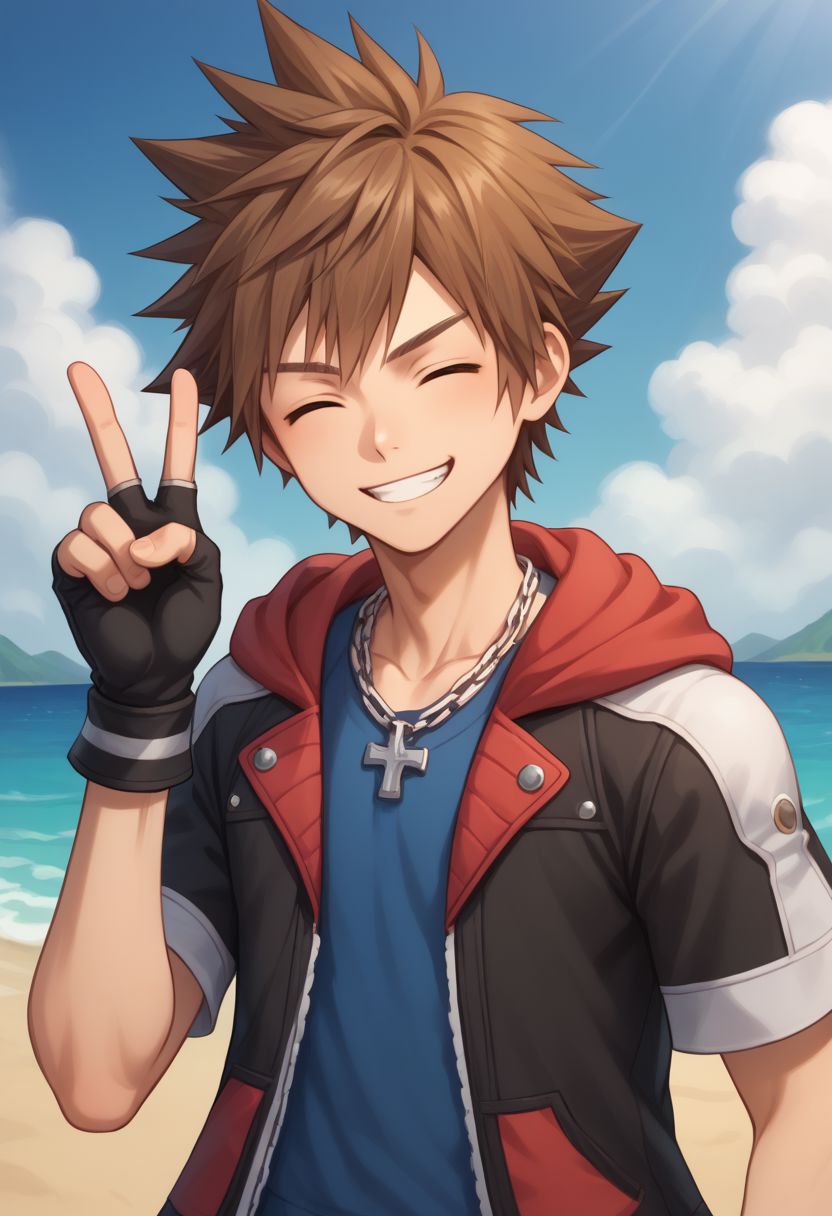score_9, score_8_up, source_anime, highly detailed, 1boy, solo, male_focus slender, skinny, 
sora, fingerless gloves, 1boy, male focus, spiked hair, blue eyes, solo, gloves, necklace, brown hair, hood, upper body, short sleeves, closed eyes, smirk, happy, v sign,
outdoor,
